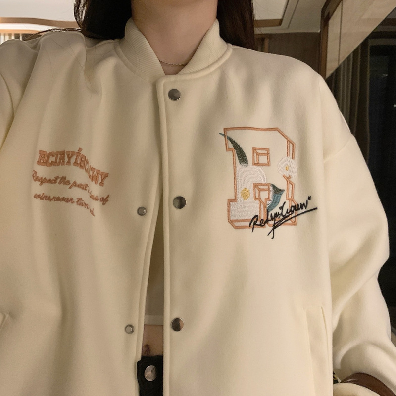 2025秋冬新款美式复古刺绣棒球服外套女宽松小众设计休闲立领夹克|undefined