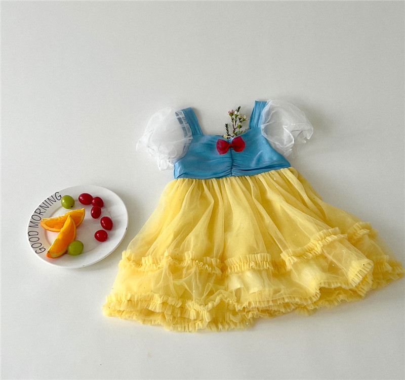 [Exempt de posta] niñas arco vestido de princesa para niños de manga corta empalmado vestido de verano niñas de verano nuevos productos