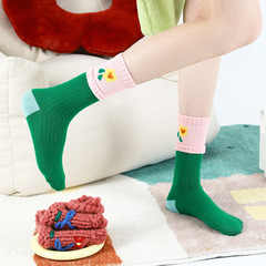 himiya ko sweet flower mid-calf socks for women spring and summer new colorful splicing plaid cotton socks ins trendy couple socks