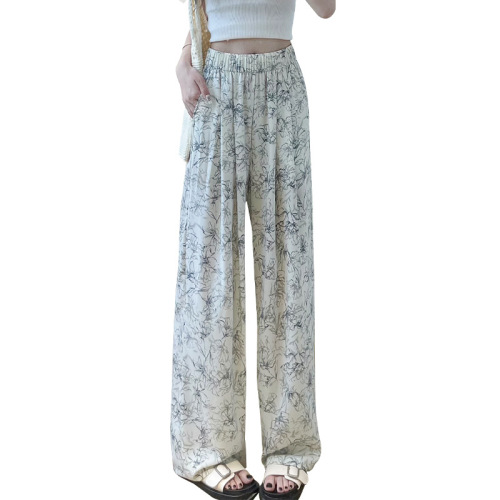 High-waisted ink floral ice silk narrow wide-leg pants for women in summer, slimming straight skirt pants, loose trousers and thin pants