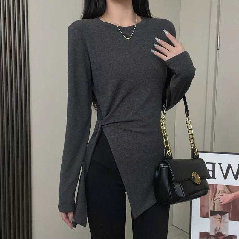 大码女装不规则开叉黑色v领长袖t恤女早秋微胖mm修身显瘦长款上衣|undefined