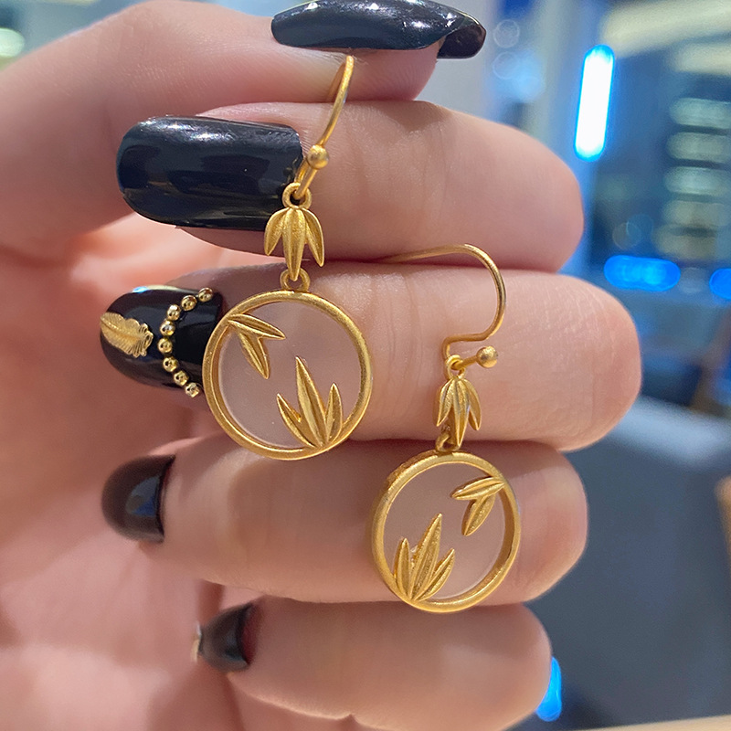 Retro bamboo leaf fashion simple white jade earrings