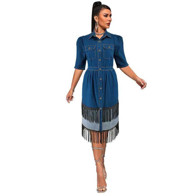 Women's Clothing Plus Size Women's Denim Long Dress With Collared Short Sleeve Tassel Two Tone Design For Formal & Casual For Women_voghion.com