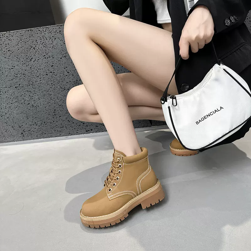 欧货诗歌兰女靴2024年新款工装鞋真皮圆头大黄靴女厚底短靴马丁靴