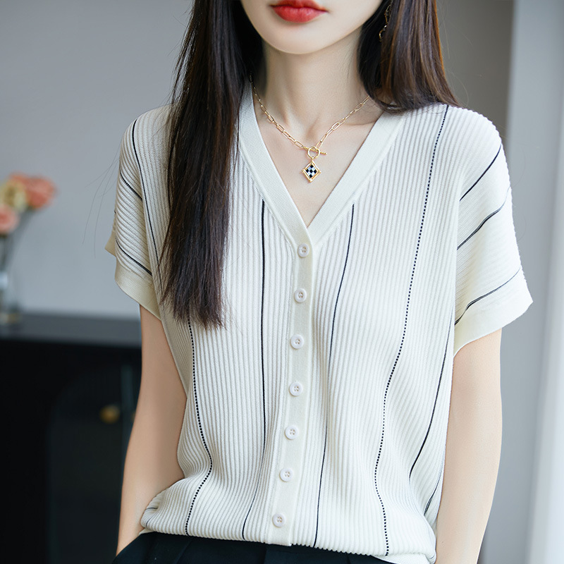 Tencel Knit V-Neck Flutter Sleeve T-Shirt Women's Cardigan 2026 New Style Loose Slimming Youthful Breathable Short-Sleeve Top Trendy Tencel Knit V-Neck Flutter Sleeve T-Shirt Women's Cardigan 2026 New Style Loose Slimming Youthful Breathable Short-Sleeve Top Trendy