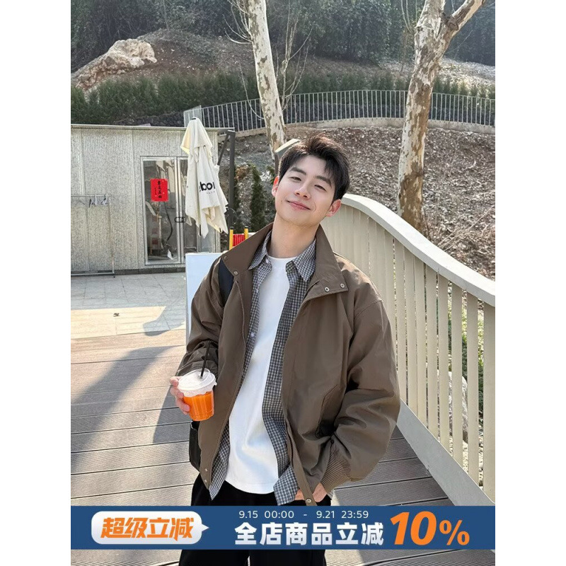 Autumn and winter American-style Harrington jacket, men's stand-up collar baseball jacket, khaki color, cleanfit, loose fit, suitable for couples