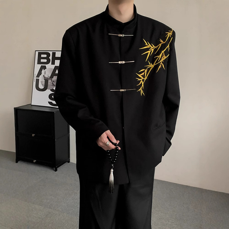 New Chinese Style Men's Engagement Clothes suit Guofeng Vertical Collar Zhongshan Suit Golden Bamboo Embroidered Boys Adult Dress Suit