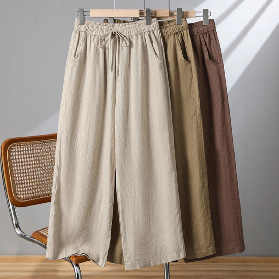 Middle-Aged and Elderly Women's Cotton and Linen Wide-Leg Pants 2025 Spring and Summer New Linen Casual Loose Draped Cropped Pants