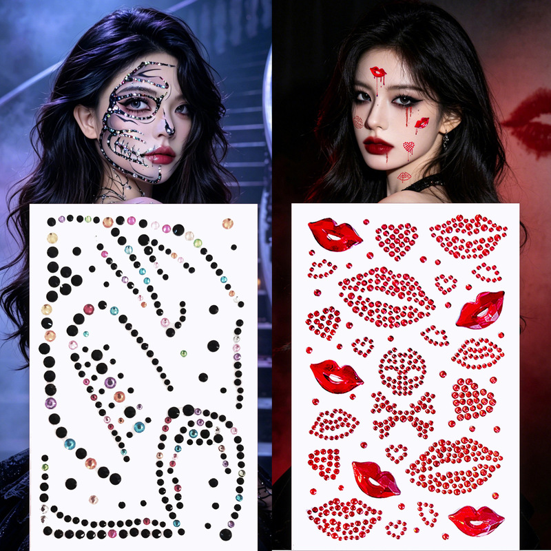 Halloween Half-Face Skeleton Face Stickers with Rhinestones in Red and Black, Cos Blood and Tears Witch Glitter Stickers, Horror Realistic Fake Blood