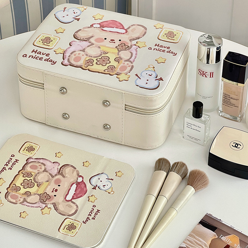 Caja de maquillaje de dibujos animados de alto valor facial portátil de gran capacidad para productos de cuidado de la piel caja de almacenamiento de acabado de cuero pu maleta de almacenamiento