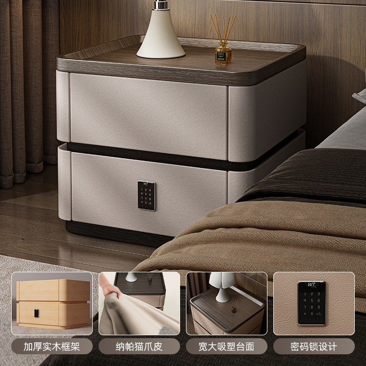 Mesita de noche de madera maciza con cerradura de combinación, caja fuerte, lujo ligero, sensación de alta gama, 2025, estilo caliente, dormitorio doméstico, armario de almacenamiento