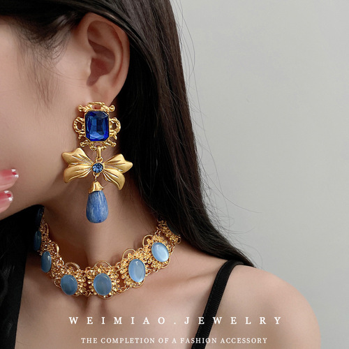 Silver Needle Second-hand Diamond Square Bow Drop Earrings Niche Unique Design Earrings High-end Necklaces Wholesale