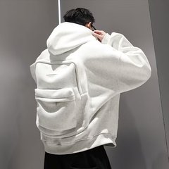 白灰色立体书包连帽卫衣男款早秋美式复古设计感外套潮牌重磅上衣