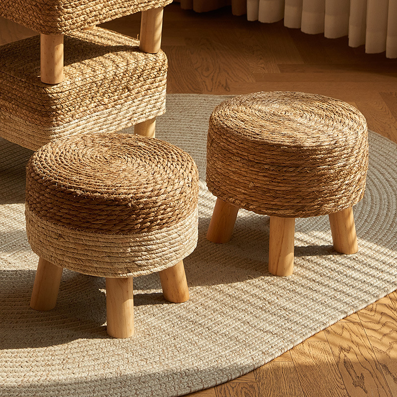 Straw Stool, Pastoral Low Stool, Rattan Shoe-Changing Stool, Thickened Woven Sitting Stool, Wooden Small Stool, Creative Round Stool
