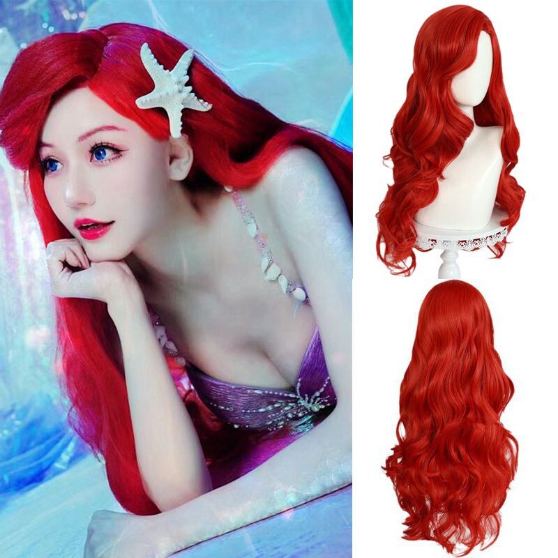 Little Mermaid Ariel Cos Wig Anime Cosplay Fake Hair Red Long Curly Hair Stage Performance Full Headgear