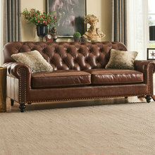 设计师客厅小户型工业风真皮中古sofa复古拉扣美式乡村油蜡皮沙发