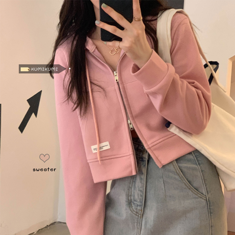 Venta al por mayor suéter delgado de las mujeres de cremallera corta de color sólido diseño de nicho de primavera y verano corto Top casual con capucha cardigan