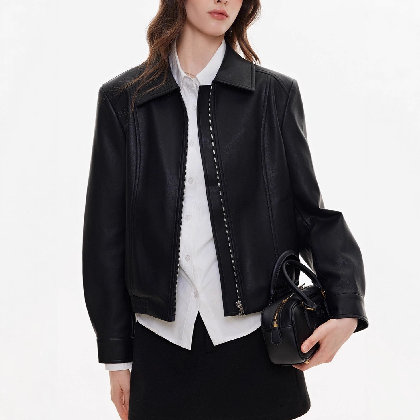 Casual Embroidered High-End Black Pu Leather Jacket for Women Spring and Autum New Short Right Shoulder Motorcycle Leather Jacket for Women