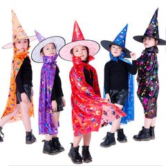 跨境万圣节魔法师披风cosplay女巫烫金斗篷幼儿园舞台亲子表演服