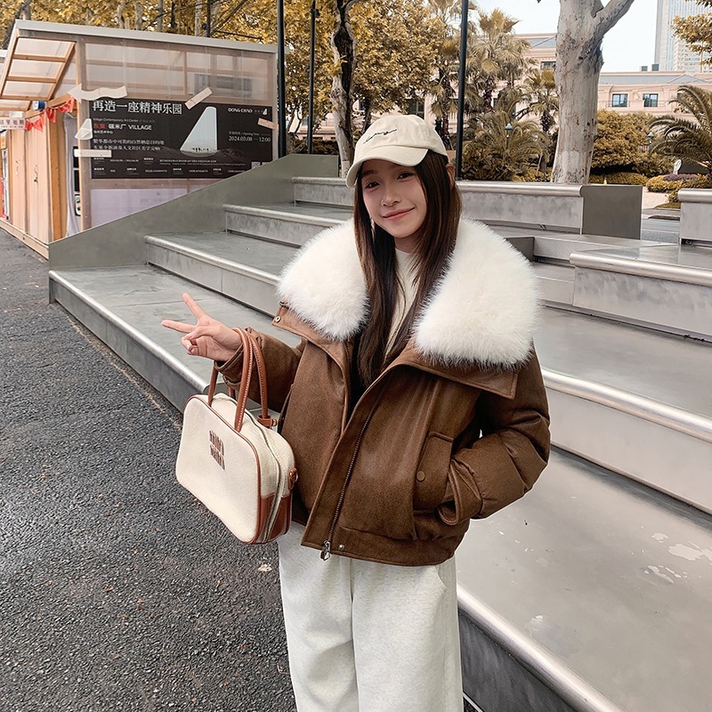 新款鹿皮绒大毛领棉外套女短款气质宽松小个子pu棉服冬季羽绒棉衣|undefined