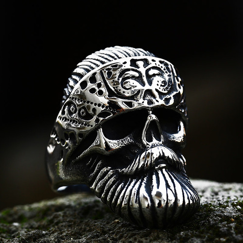 beier foreign trade retro bearded titanium steel ring wholesale punk style domineering stainless steel skull ring