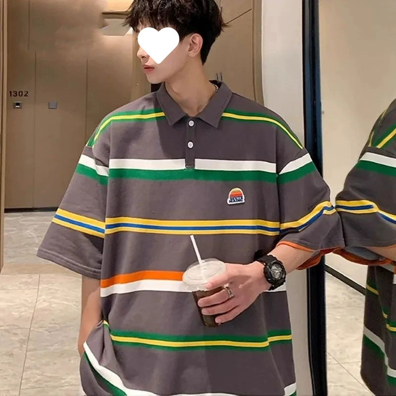 Полосатая рубашка-поло в американском стиле с короткими рукавами, универсальный топ унисекс для учащихся средних и старших классов, летняя молодежь с воротником