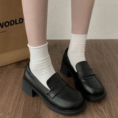 法式黑色樂福鞋女2024新款春秋一腳蹬百搭圓頭粗跟英倫風瑪麗珍鞋