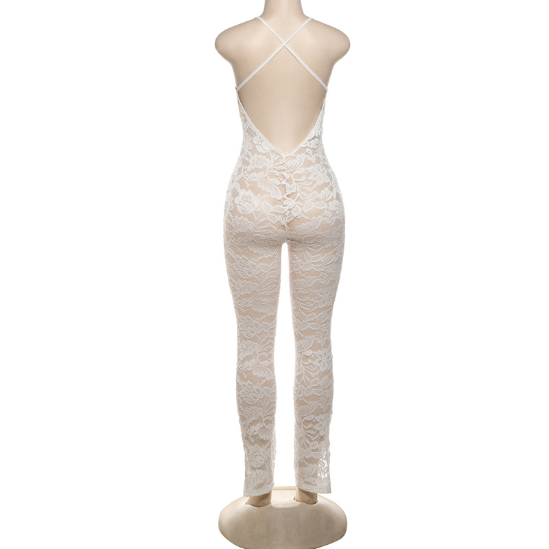 Summer Women Collection Sexy Deep V Plunge Sling Backless Lace See through Tight Jumpsuit