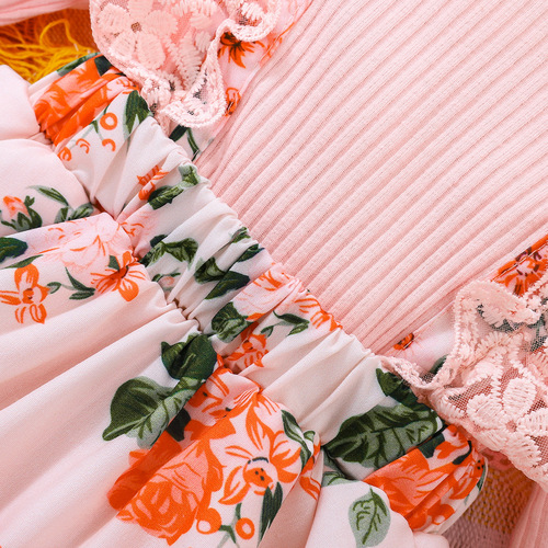 Baoxin cross-border children's clothing wholesale baby girl autumn new lace cotton pit strip stitching flower all-print one-piece harem