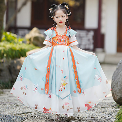 Blue pink Fairy Hanfu girls folk dance dress children with elegant embroidery dress cute princess dress child party cosplay ceremony dance outfit