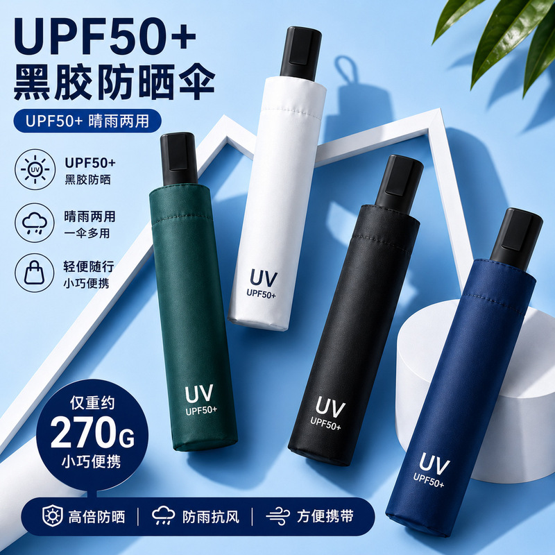 8-Bone Large Dual-Purpose Umbrella for Sun and Rain, Wholesale Black-Coated Sun Protection Umbrella, Manual Folding Umbrella, Reverse Print 70% off Umbrella