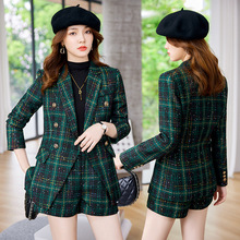 跨境格子西装外套女韩版春秋新款大码休闲复古英伦风绿色小西服女