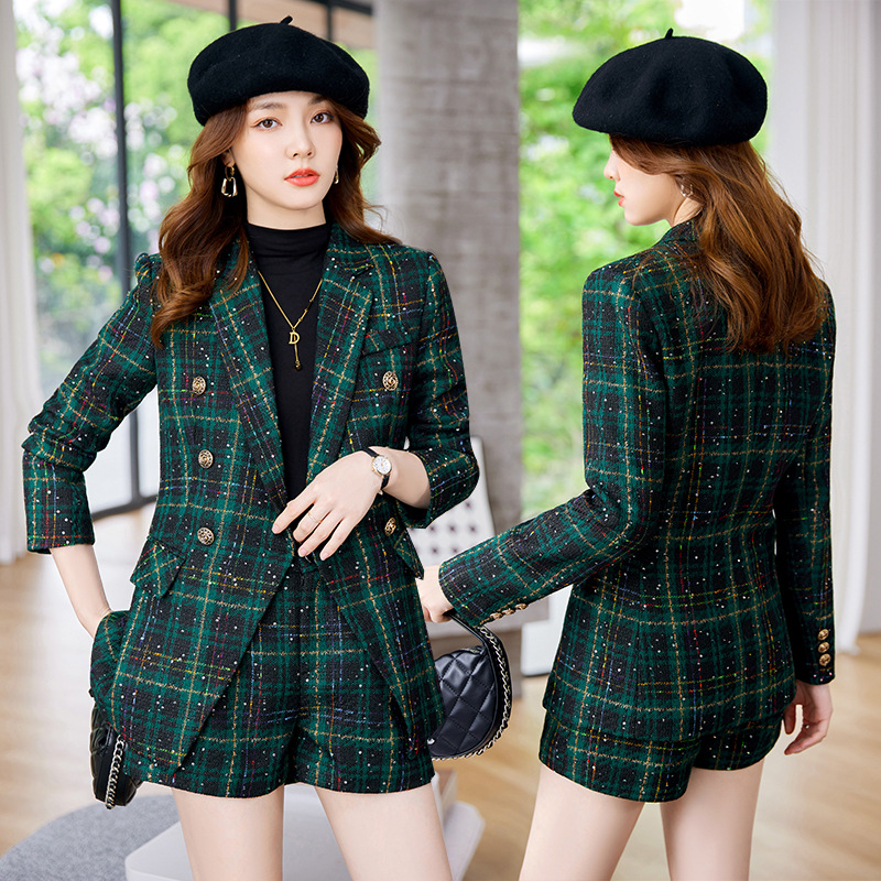 跨境格子西装外套女韩版春秋新款大码休闲复古英伦风绿色小西服女