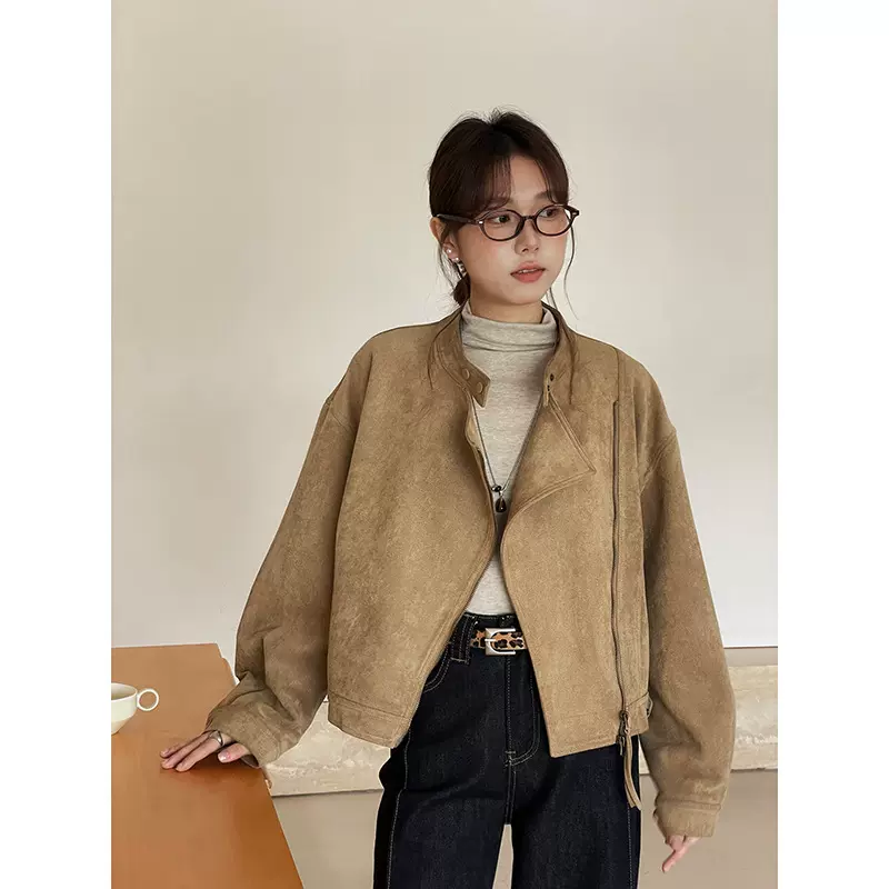 【麂棕漫迹】歌铭美式仿麂皮绒侧拉链短款外套女秋季机车服N429C