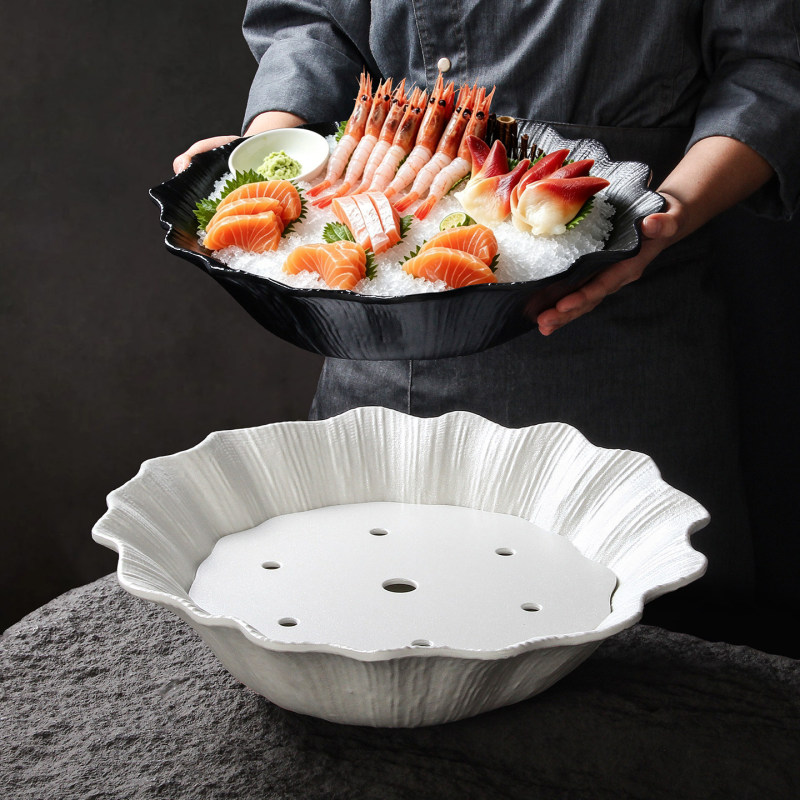 Melamine plate creative tableware set for restaurants and hotels, seafood display dry ice plate, lace-edged sashimi presentation plate, seafood plate Melamine plate creative tableware set for restaurants and hotels, seafood display dry ice plate, lace-edged sashimi presentation plate, seafood plate
