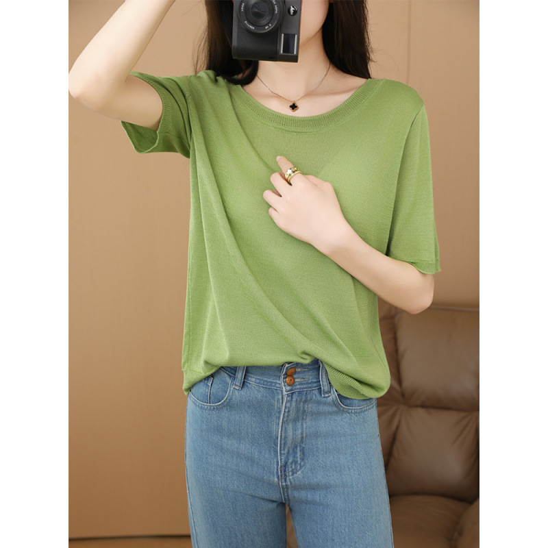 Spring summer knitted sweater with a round collar