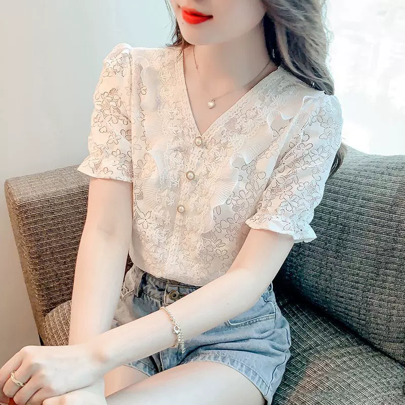 新款2023夏季时尚短袖雪纺衫甜美清新宽松版气质百搭洋派蕾丝小衫