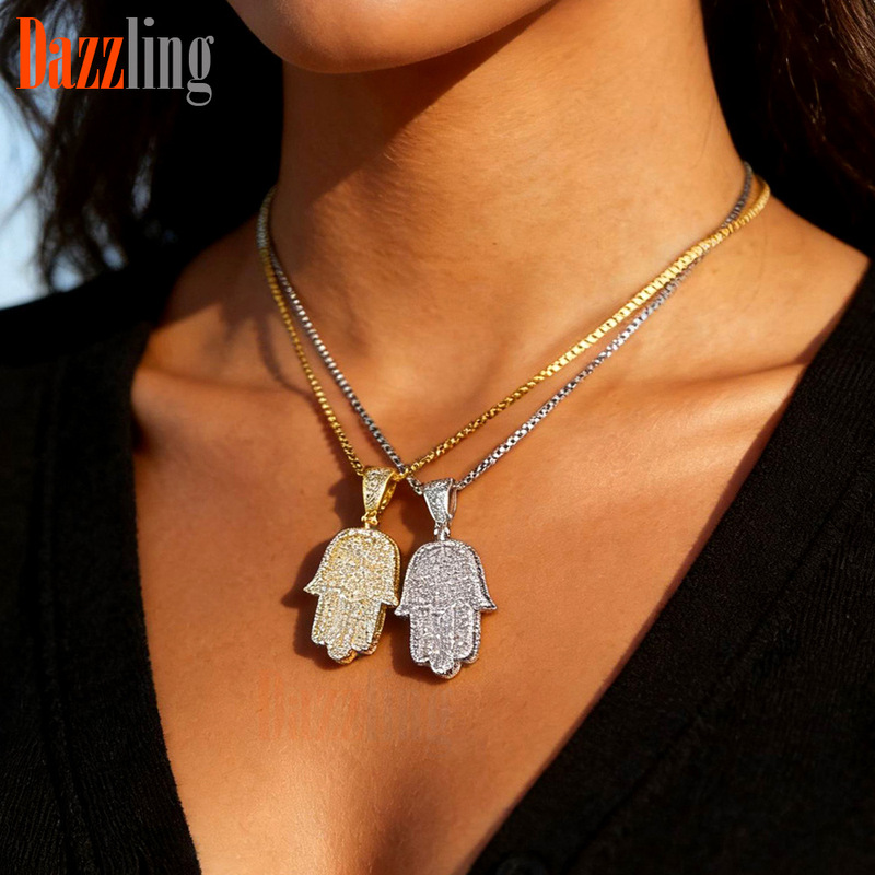 Cross-border new hamsa Palm pendant copper box necklace hip hop rap Street full diamond couple necklace
