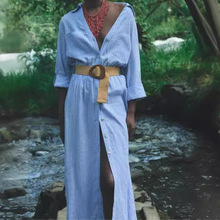 欧美跨境热销亚麻条纹连衣裙独立站亚马逊夏季高级感女装轻熟长裙