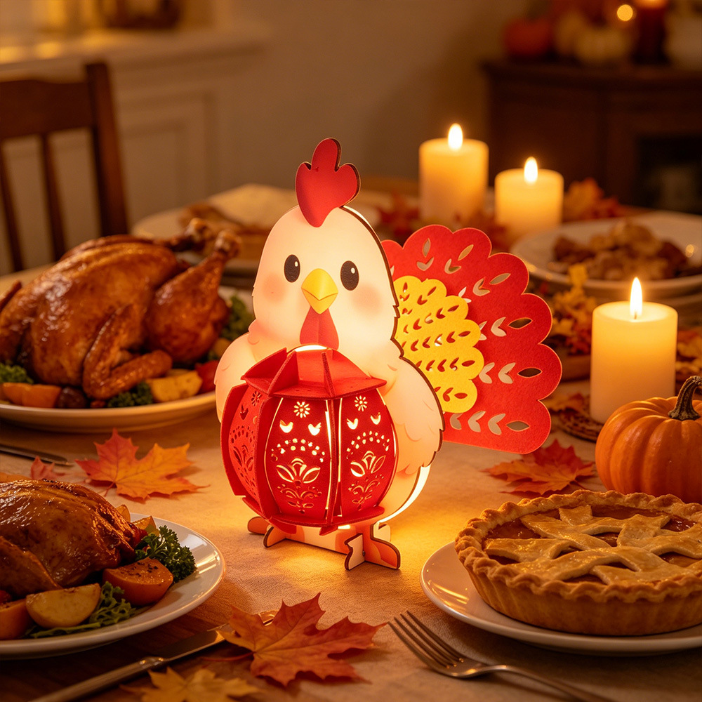Día de Acción de Gracias Pavo Decoración de madera DIY Linterna de pollo luminosa estereoscópica Decoración del hogar Muñeca de mesa