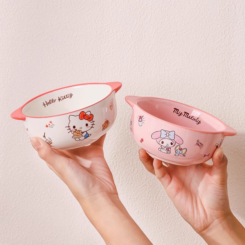 三丽鸥陶瓷碗双耳儿童吃饭碗家用米饭碗防烫凯蒂猫高颜值卡通餐具|undefined