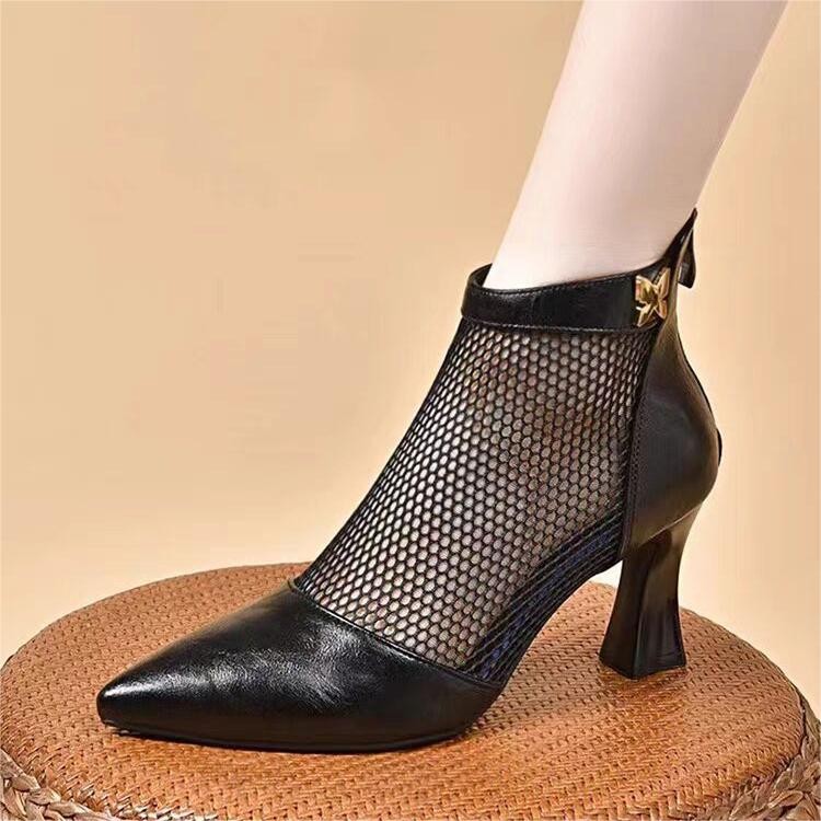 Sandalias romanas de cuero para mujeres primavera y verano de 2026 nuevo temperamento de punta de talón grueso de malla botas de malla transpirables de talón alto