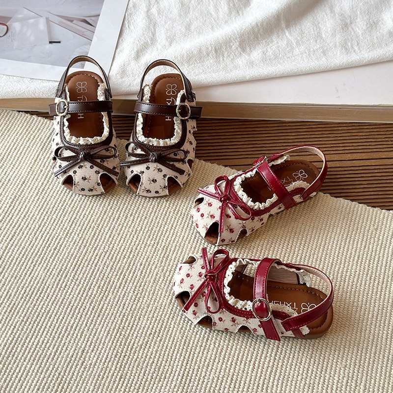 Girls' Floral Print Closed Toe Sandals Sweet Baby Soft Sole Princess Shoes Summer Mori Girl Style Little Princess Beach Shoes_voghion.com