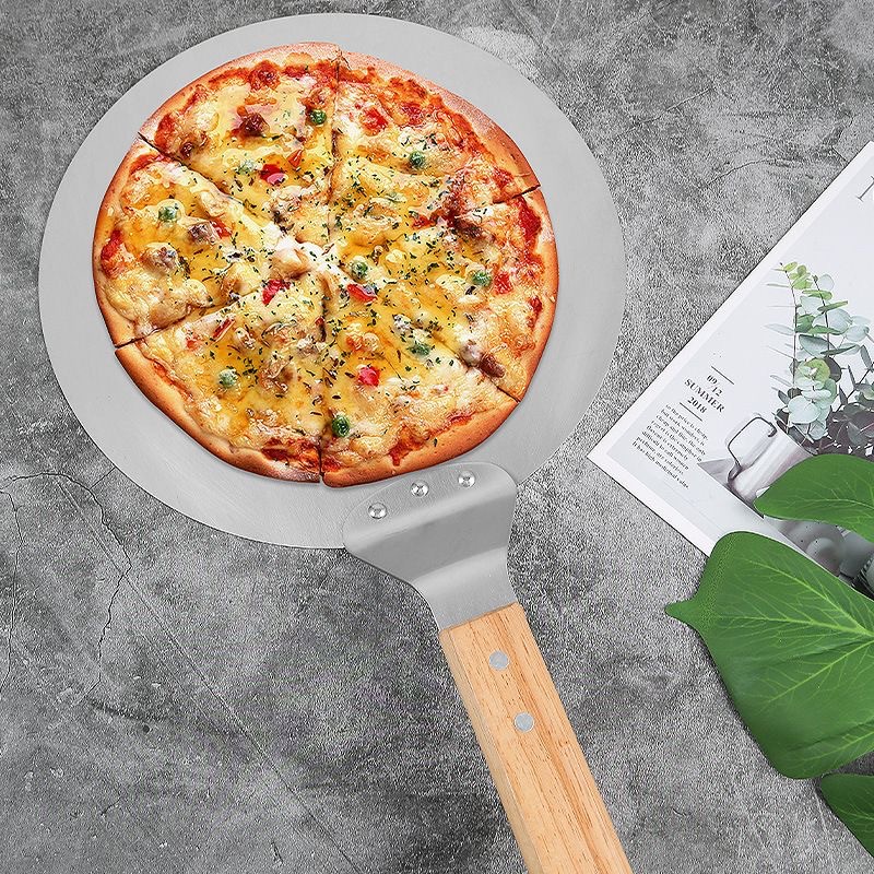 8 pulgadas 10 pulgadas 12 pulgadas de acero inoxidable mango de madera pala de pizza herramientas de horneado pala de transferencia de pizza pala de pizza image 3