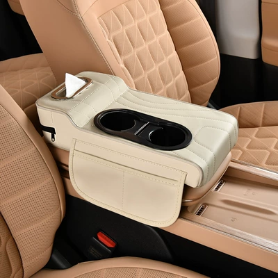 Central Car Armrest Box Booster: Armrest box pad - high-and-low-water-cup-models-quilted-embroidery-models-ivory-white
