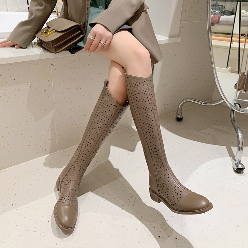 Boot nữ cổ cao rỗng dạng lưới, phong cách thể thao, ống cao thoáng khí — Màu đen