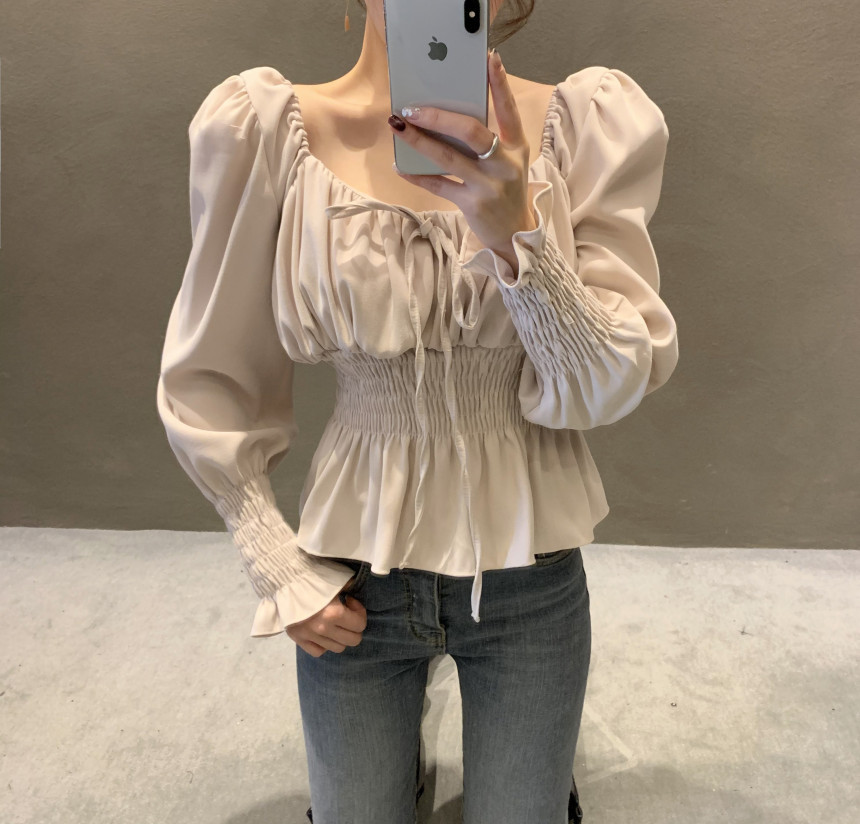 Retro Square Collar Puff Sleeves Waist Solid Color Top NSFYF115744