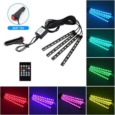 Car foot atmosphere light car atmosphere light car modified led eight color foot light voice control rhythm atmosphere light (Other lights) - one-drag-four-36-lamp-remote-control-cigarette-lighter-head-colorful