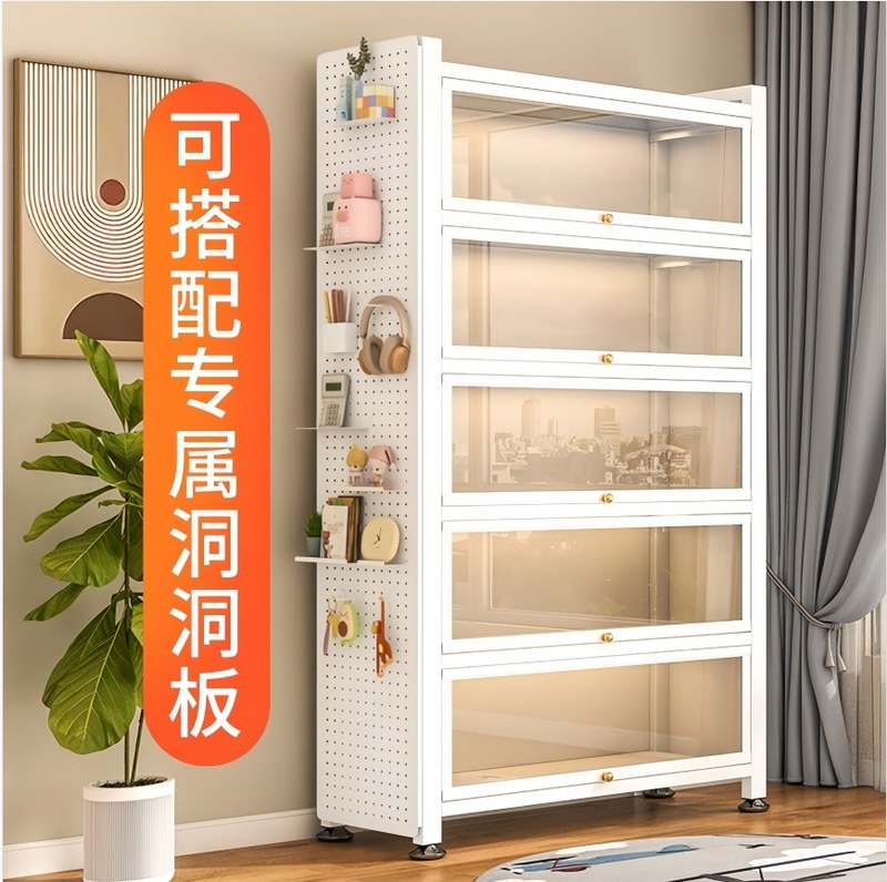 玻璃门书柜家用钢艺翻盖柜落地防尘收纳柜儿童书架手办饰品展示柜|undefined
