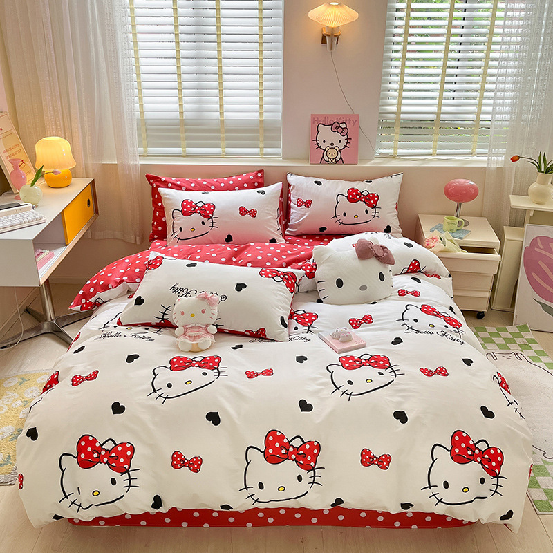 Hellokitty Cotton Printed Four-Piece Set Genuine Sanrio Cute Cartoon Pure Cotton Bed Three-Piece Set Nantong
